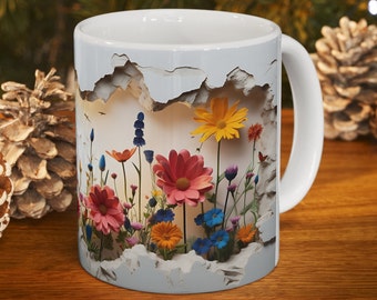 3D Blumenwiese - weiße Keramik Kaffeetasse 11oz, Schmetterlingstasse, Naturtasse