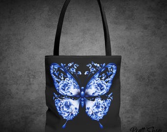 Blue Butterfly Floral Tote Bag - Eco-Friendly Shopping Tote, Gift for Her, Stylish Beach Bag, Spring Fashion Accessory