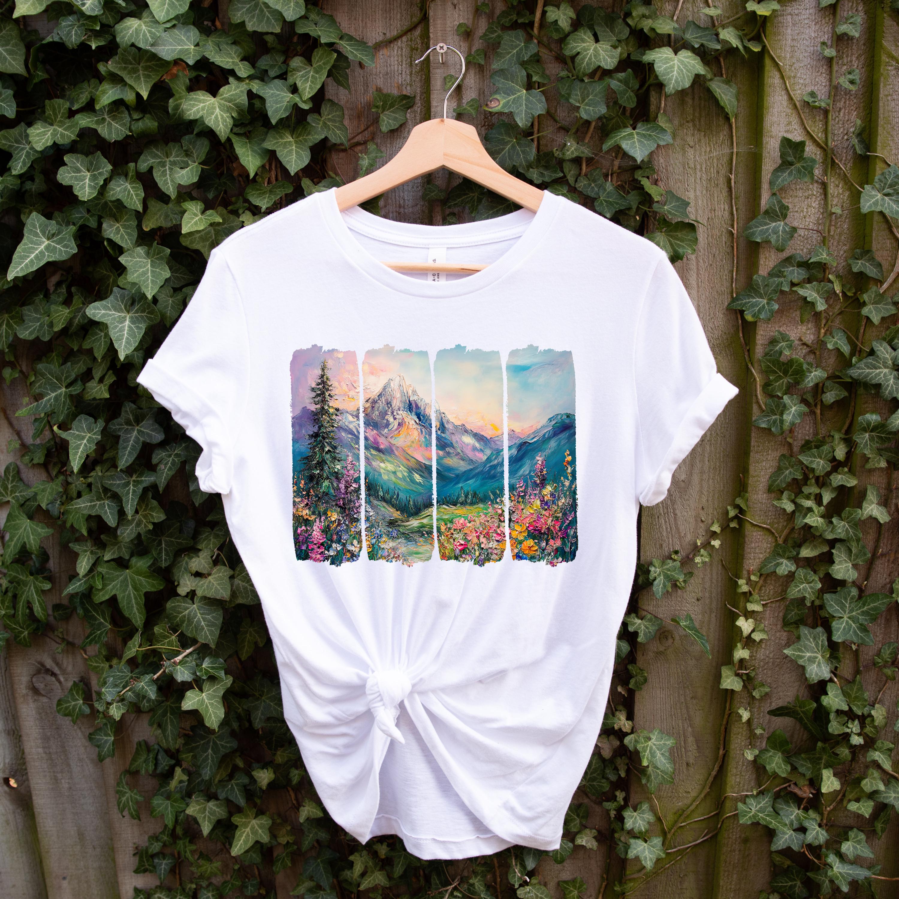 Mountain Landscape Graphic Tee - Brush Strokes Design, Nature