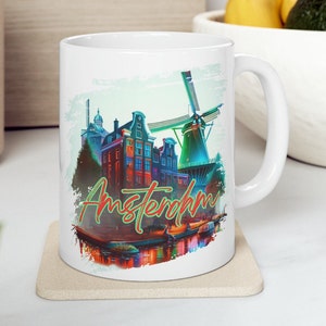 Retro Amsterdam Mug - White Ceramic Coffee Mug, 11oz, Netherlands Souvenir, Holland Memorabilia