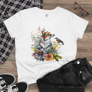 Floral Fox & Bird Tee Shirt - Women&#39;s Graphic T-Shirt, Nature Lover Top, Animal Print Cotton Tee, Gift for Her