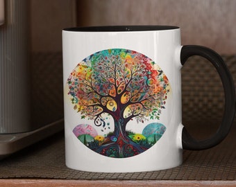 Watercolor Tree - Accent Coffee Mug 11oz, Tree of Life, Nature Lover Mug, Colorful Coffee Cup