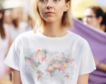 Watercolor World Map Tee - Travel Shirt, Adventure Lover's Gift, Unisex Short Sleeve Tee, Perfect for Vacations, Wanderlust Apparel