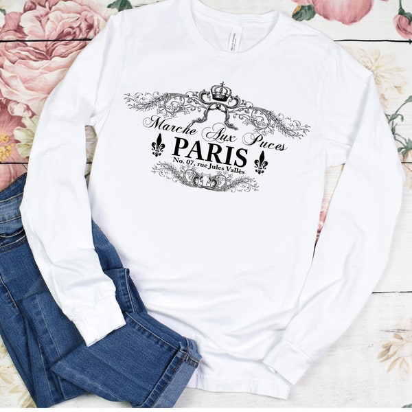 Paris Flea Market Shirt - Marche Aux Puces, International Traveler, Wanderlust, French Souvenir, Tshirt, Vintage Sign FRANCE, Long Sleeve