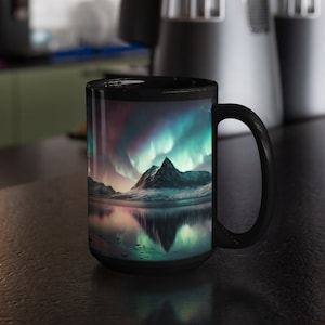 Northern Lights - Black Coffee Mug 15oz, Aurora Borealis, Scandinavia, Iceland, Norway, Alaska, Finland
