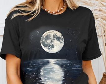 Moon Reflection Unisex Tee - Lunar Sea Shirt, Night Sky Top, Celestial T-Shirt, Beach Moon Tee, Full Moon