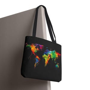 水彩画の世界地図 - トートバッグ、アジア、アメリカ、カナダ、メキシコ、ヨーロッパ、ロシア、アフリカ、南極、カラフルなデザイン、多目的バッグ
