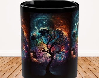 Mystieke Boommok - Zwarte keramische koffiemok, 15oz, Noorderlicht, Levensboom