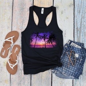 Tropical Sunset - Women&#39;s Ideal Racerback Tank, Palm Trees, Tank Top, Summer Shirt, Workout Top