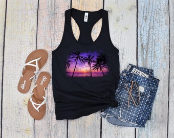 Tropical Sunset - Women's Ideal Racerback Tank, Palm Trees, Tank Top, Summer Shirt, Workout Top