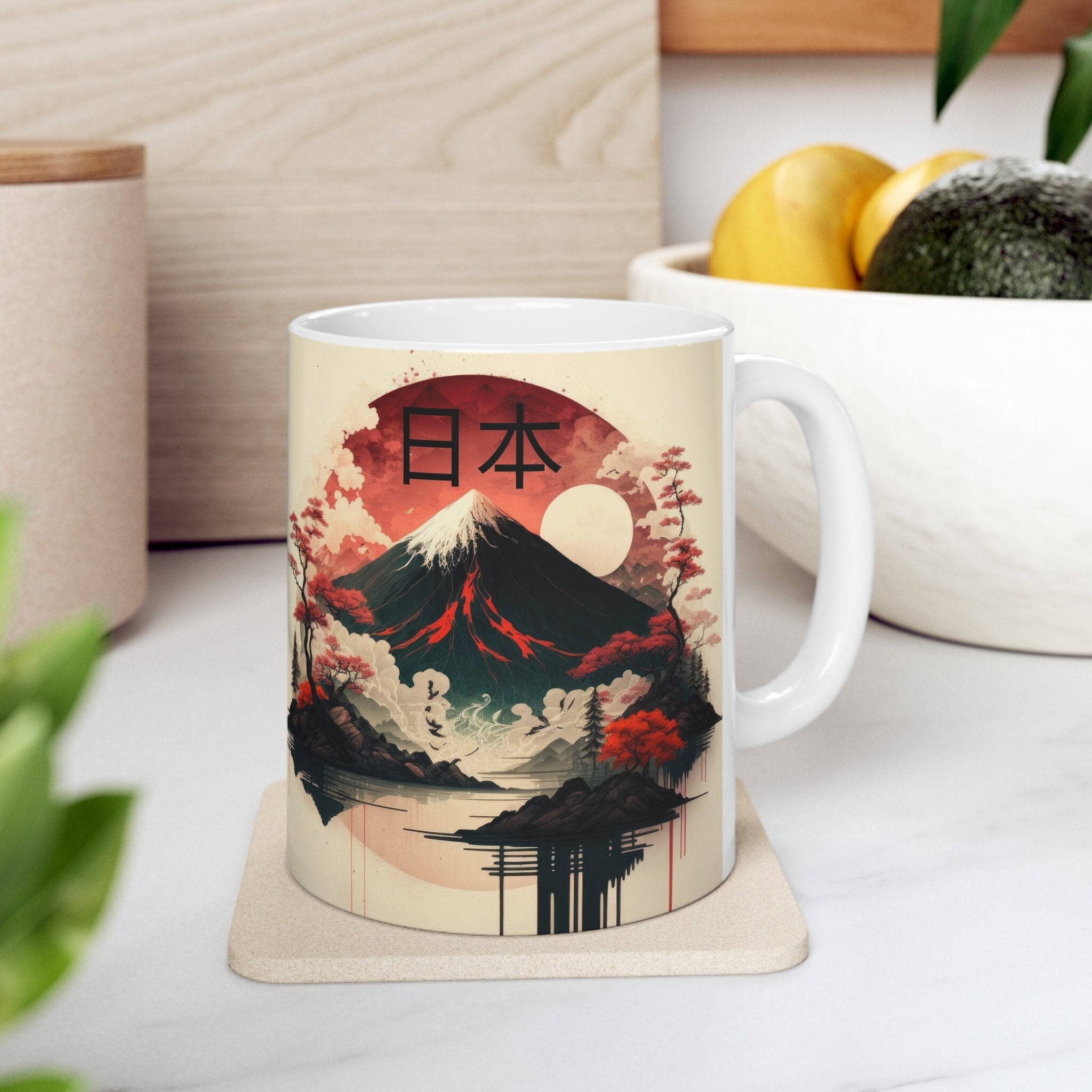 Japan Mug - Ceramic White Coffee Mug 11oz, Mt Fuji, Japanese Gift