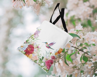 Colibri parmi les fleurs - Tote Bag, Design floral coloré, Sac polyvalent, Sac de voyage, Trois tailles