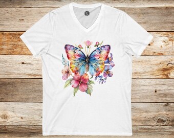Colorful Butterfly Floral V-Neck Tee - Butterfly Shirt, Summer Fashion, Boho Style, Gift for Nature Lovers, Eco-Friendly Clothing