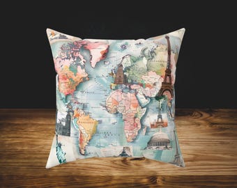 Decoratief kussen wereldkaart - vintage reizen woondecoratie, cadeaus voor reizigers, sierkussen geografisch accent, decoratie Wanderlust,