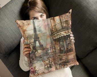 Cojín decorativo con encanto parisino: decoración acogedora para el hogar, regalo para amantes de los viajes, cojín de temática francesa, funda de cojín vintage y almohada.