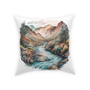 Watercolor Mountain River - Broadcloth Pillow, Throw Pillow, Rustic Pillow, Nature Home Decor