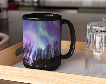 Aurora Borealis - Ceramic Black Coffee Mug 15oz, Northern Lights, Trees at Night, Gift Idea