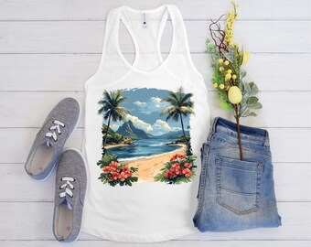 Tropical Beach Racerback Tank Top - Summer Vacation Top, Floral Tank for Women, Beachwear, Travel Apparel, Gift for Her