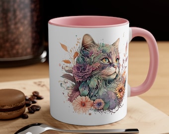 Floral Cat Accent Keramische Koffiemok 11oz - Cadeau voor kattenliefhebber, schattige kattenmok, Cat Lady Mug, cadeau voor dierenvriend