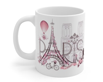 Paris France Coffee Mug 11oz- Eiffel Tower, Notre Dame, World Traveler, Wanderlust, Europe, Souvenir