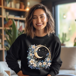 Celestial Floral Moon Unisex Sweatshirt- Moon and Flowers, Galaxy Design, Outer Space Gift, Celestial Clothing, Astronomy Pullover