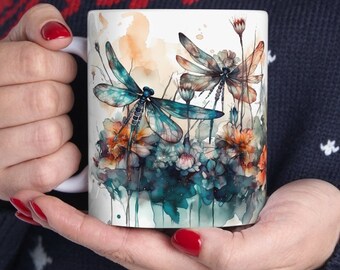 Veld van libellen - witte keramische koffiemok 11oz, bloemenmok, wilde bloemenmok, natuur in aquarel