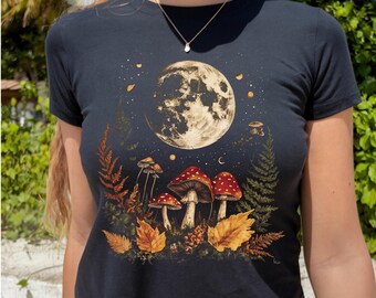 Celestial Mushroom Tee - Witchy Aesthetic Shirt for Nature Lovers, Easygoing Style, Moon and Fungi Graphic Tee, Gift for Fall, Autumn Vibes