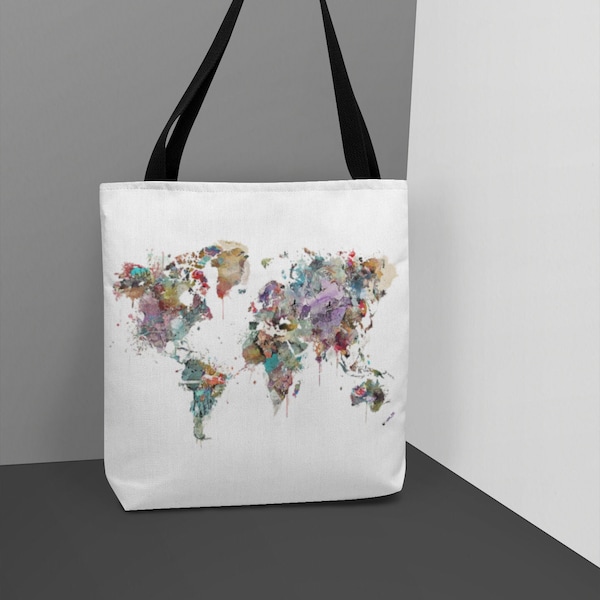 Watercolor World Map - Tote Bag, Asia, USA, Canada, Mexico, Europe, Russia, Africa, Antarctica, Colorful Design, Multi-Purpose Bag