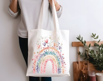 Blumige Regenbogen-Einkaufstasche - Einkaufstasche (AOP), Regenbogen-Herzen, Mehrzwecktasche, Einkaufstasche