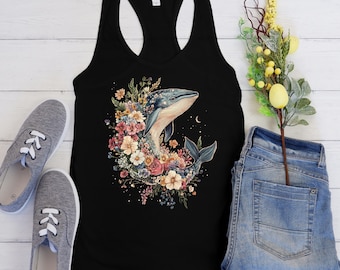 Floral Whale Racerback Tank Top - Ocean Lover Gift, Summer Wardrobe Essential, Nature Tee, Adventure Wear, Beach Top, Eco-Friendly Apparel