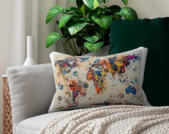 World Map Lumbar Pillow - Colorful Decorative Pillow, Travel Decor, Unique Home Gift, Cozy Sofa Accent