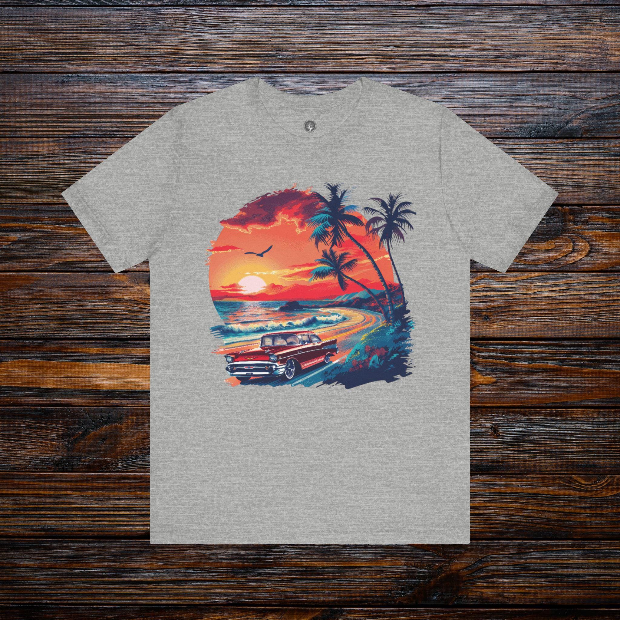 Tropical Sunset Tee, Vintage Car Graphic Shirt, Unisex Summer