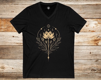 Bohemian Lotus V-Neck Tee - Spiritual Shirt, Yoga Top, Mindfulness Apparel, Meditation Wear, Gift for Nature Lovers