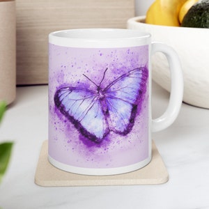 Lavender Butterfly - White Ceramic Mug 11oz, Spring - Farmhouse - - Farmhouse Mug -  Butterflies - Coffee Mug - Gift for Her Mug