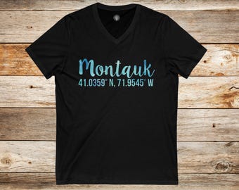 Montauk Coordinates V-Neck Tee - Beach Lover Shirt, Travel Souvenir T-Shirt, Nautical Gift, Casual Summer Top, New York Tee