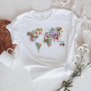 Weltkarte TShirt - Unisex Kurzarm T-Shirt, Sieben Kontinente, Asien, Amerika, Europa, Afrika, Antarktis, Australien, Aquarell Design