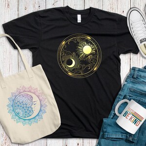 Celestial Golden Sun & Crescent Moon Shirt - Unisex Short Sleeve Tee, Graphic tshirt, Circular Design