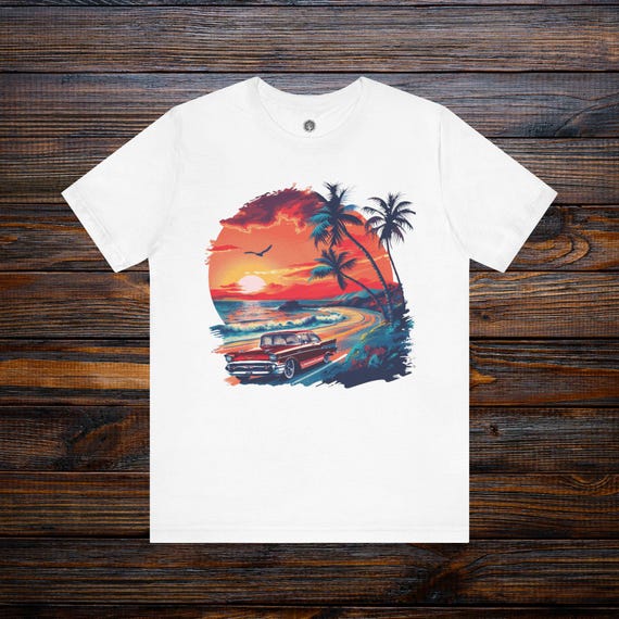 Tropical Sunset Tee, Vintage Car Graphic Shirt, Unisex Summer