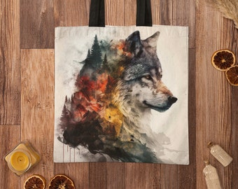 Wolf Art Tote Bag - Winter Wolf Lover, Wolf Theme Gift, Colorful Wolf Bag,Wolf Watercolor Painting Bag, Travel Tote,Grocery Bag,Double Sided
