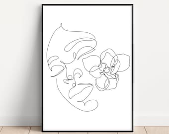 donna afroamericana line art, arte donna nera, stampa disegno a una linea, fiore donna line art, arte murale stampabile, arte donna minimale