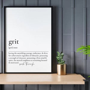 May include: Black and white printable wall art with the definition of the word "grit" in a minimalist style. The definition is: "having the unyielding courage, endurance, & drive for achievement regardless of obstacles, possessing a strength of character, possessing a firm mind & spirit, the mental toughness to remaining focused & motivated. push through."