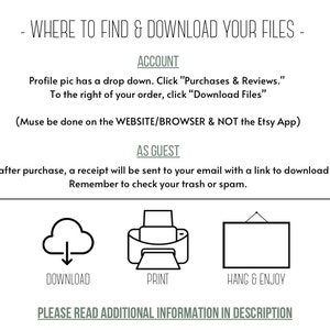 Puede incluir: Ilustraci&oacute;n en blanco y negro que muestra c&oacute;mo descargar, imprimir y colgar archivos digitales comprados en Etsy. El texto dice "D&oacute;nde encontrar y descargar tus archivos - Cuenta, Como invitado, Descargar, Imprimir, Colgar y disfrutar, Lee la informaci&oacute;n adicional en la descripci&oacute;n."