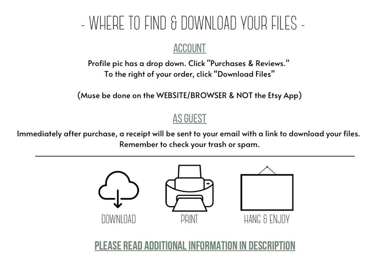Puede incluir: Ilustraci&oacute;n en blanco y negro que muestra c&oacute;mo descargar, imprimir y colgar archivos digitales comprados en Etsy. El texto dice "D&oacute;nde encontrar y descargar tus archivos - Cuenta, Como invitado, Descargar, Imprimir, Colgar y disfrutar, Lee la informaci&oacute;n adicional en la descripci&oacute;n."