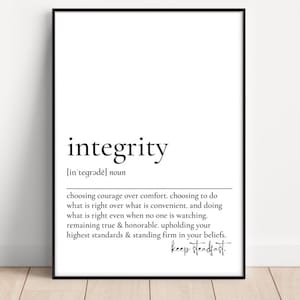 Op de afbeelding: Zwart-witte printbare wandkunst met de definitie van het woord "integriteit" en de zin "blijf standvastig".