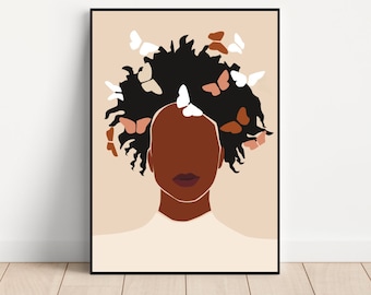 Afro American Woman Art, Black Art, Printable Wall Art, Boho Woman Wall Art, Black Woman Art, Downloadable Print, Butterfly Wall Art