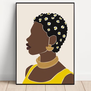 Black Woman Printable Art, Floral Art Print, African American Art, Downloadable Print, Afro Woman Print, Boho Wall Art, Digital Print