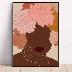 Black Woman Art, Floral Art Print, Boho Woman Printable Wall Art, Afro Woman Abstract Art, African American Art, Neutral Wall Art,Wall Print
