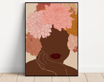Black Woman Art, Floral Art Print, Boho Woman Printable Wall Art, Afro Woman Abstract Art, African American Art, Neutral Wall Art,Wall Print