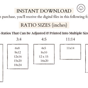 May include: A chart showing five different aspect ratios for printable digital files. The ratios are 2:3, 3:4, 4:5, 11:14, and 5:7. Each ratio has a list of common print sizes in inches.