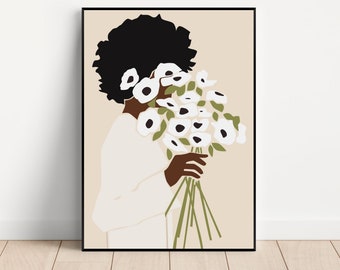 Black Woman Art, Floral Wall Art, Black Girl Magic Art Print, Black Girl Art, Afro Woman Abstract Art, Black Art, Boho Wall Art, Digital Art